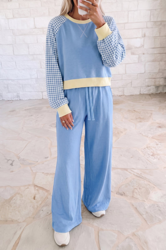 Light Blue Color Block Plaid Raglan Sleeve Patchwork Top Casual 2pcs Pants Set