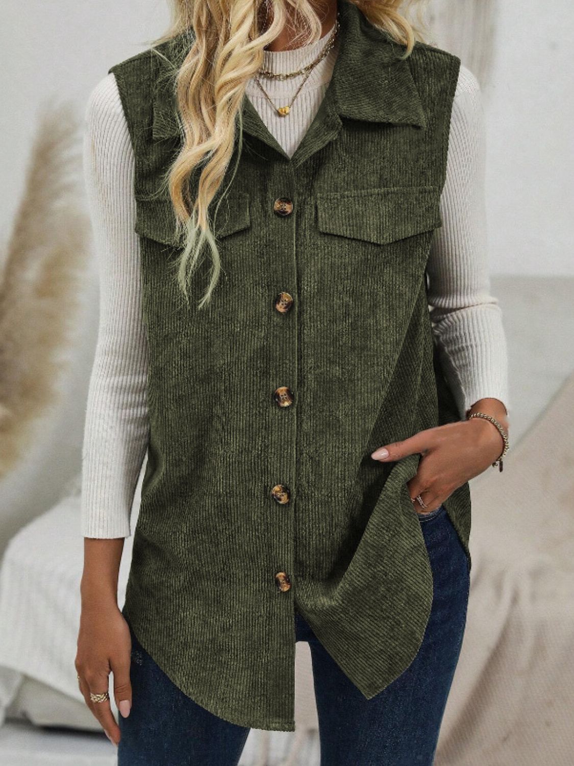 Button Up Collared Neck Vest Coat-TOPS / DRESSES-[Adult]-[Female]-Army Green-S-2022 Online Blue Zone Planet