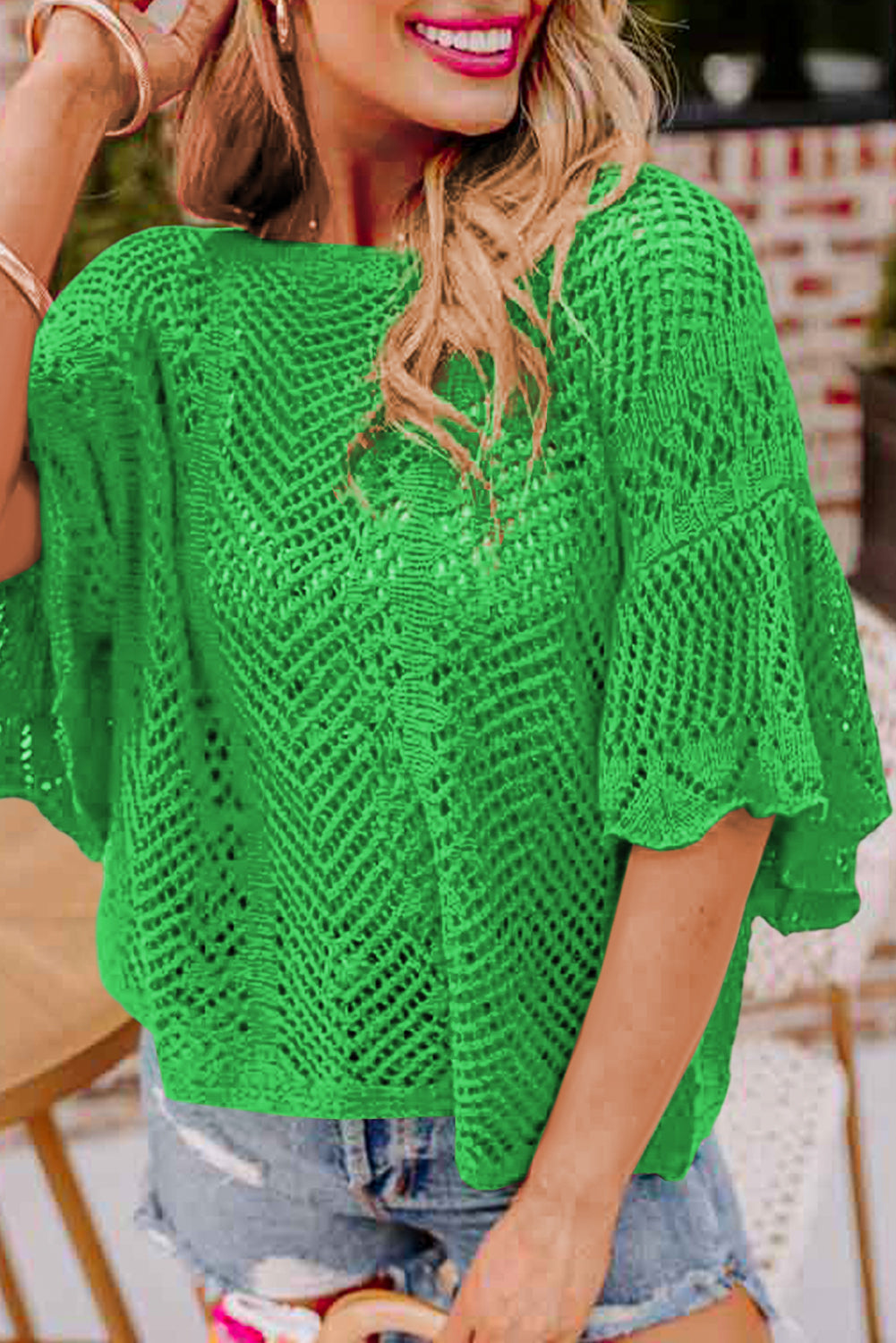 Rose Red Pointelle Knit Scallop Edge Short Sleeve Top-Sweaters & Cardigans/Short Sleeve Sweaters-[Adult]-[Female]-Green-S-2022 Online Blue Zone Planet