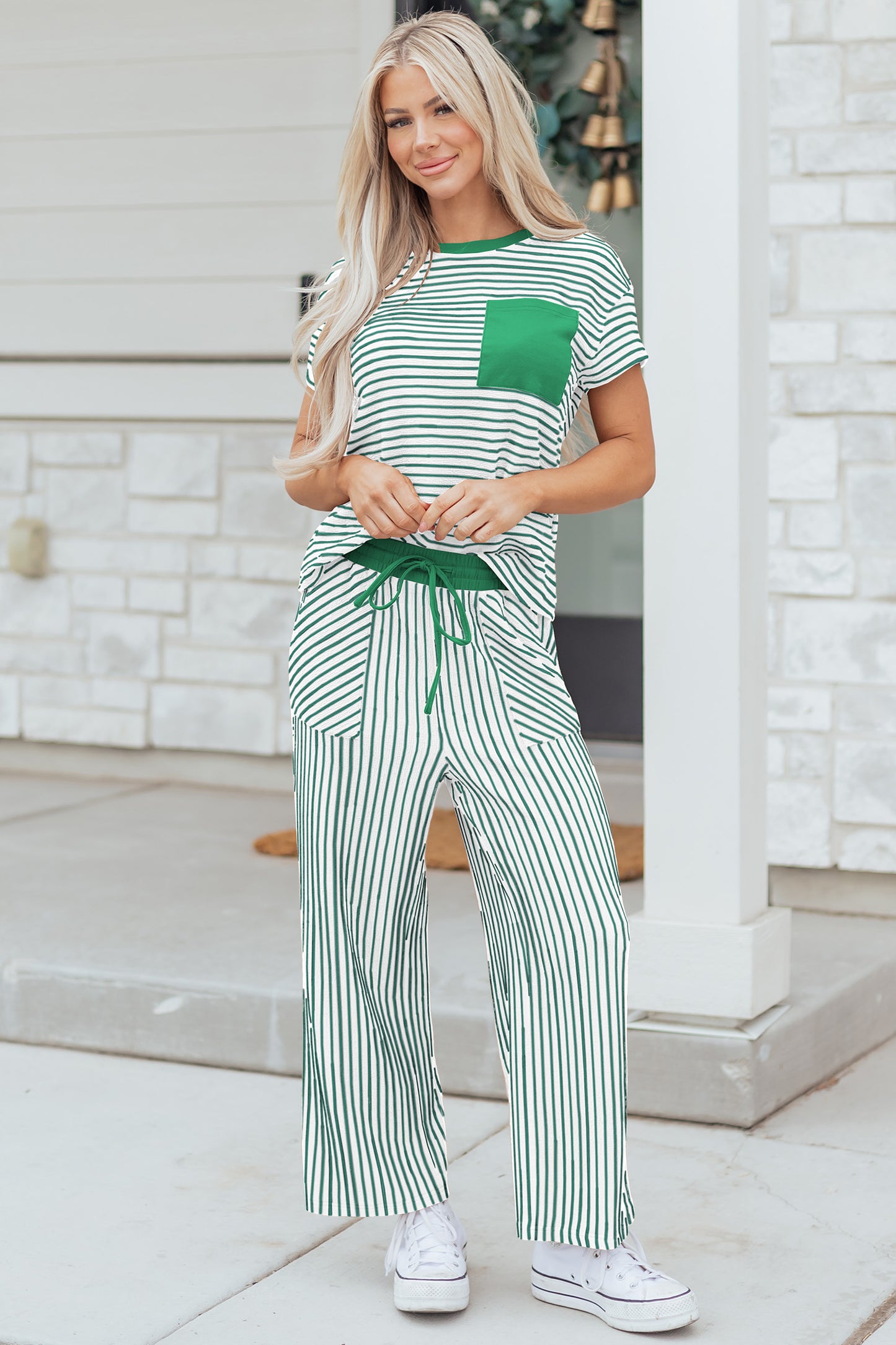 Sky Blue Stripe Crew Neck Tee Drawstring Waist Cropped Pants Set-Two Piece Sets/Pant Sets-[Adult]-[Female]-Green Stripe-S-2022 Online Blue Zone Planet