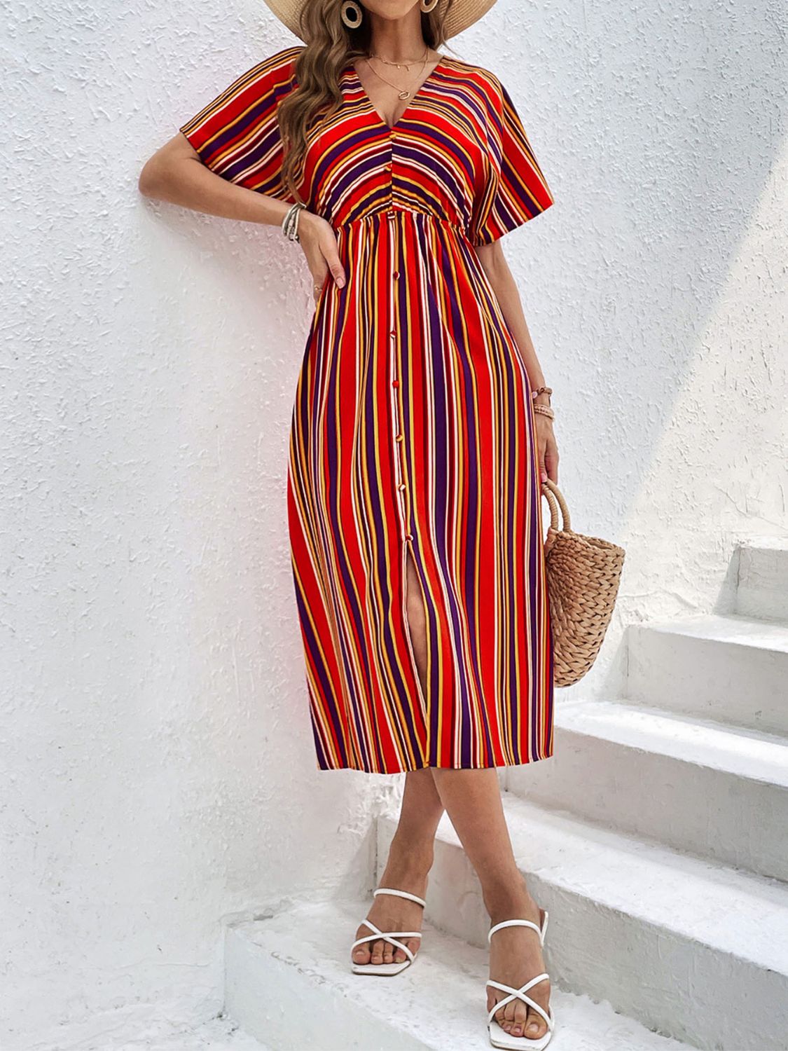 Slit Striped V-Neck Short Sleeve Midi Dress-TOPS / DRESSES-[Adult]-[Female]-2022 Online Blue Zone Planet