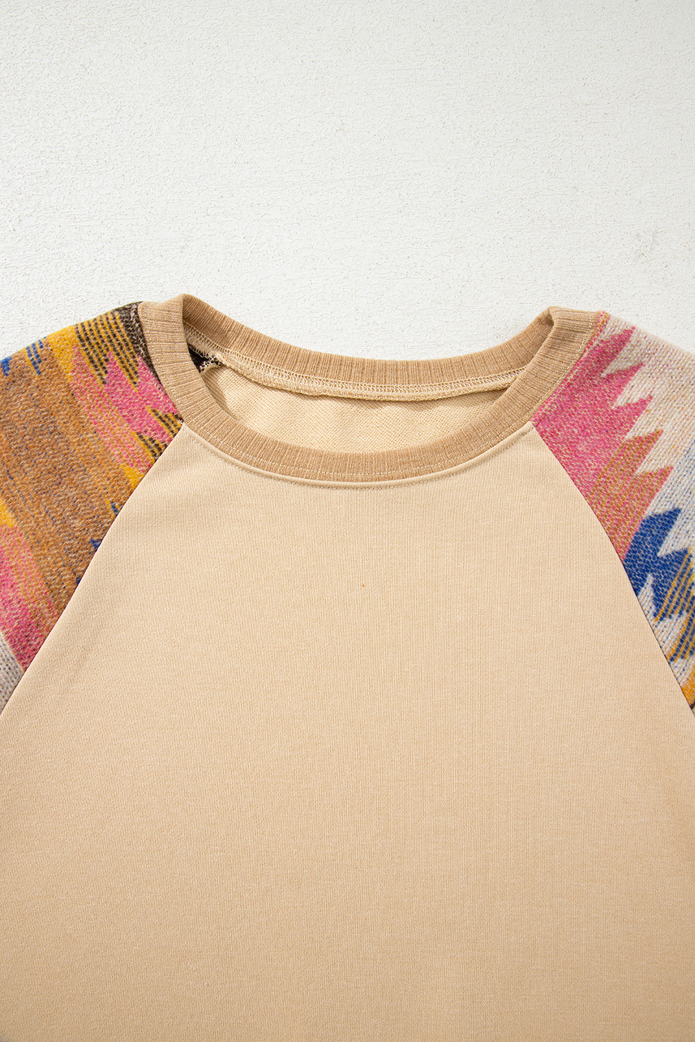 Light French Beige Aztec Patchwork Raglan Pullover Sweatshirt-Tops/Sweatshirts & Hoodies-[Adult]-[Female]-2022 Online Blue Zone Planet