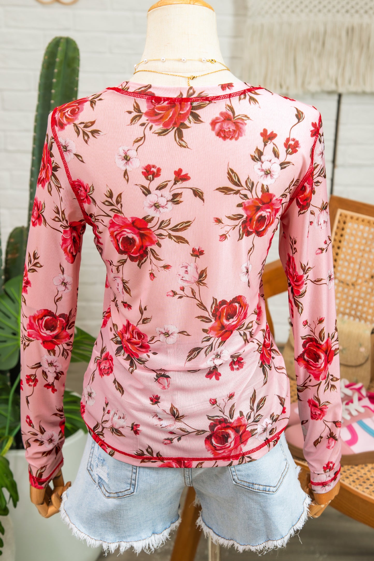 Pink Floral Print Exposed Seam Detail Mesh Long Sleeve Top-Tops/Long Sleeve Tops-[Adult]-[Female]-2022 Online Blue Zone Planet
