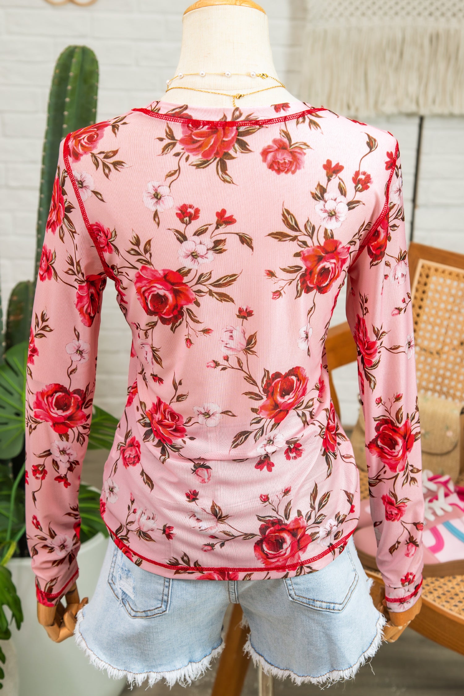 Pink Floral Print Exposed Seam Detail Mesh Long Sleeve Top-Tops/Long Sleeve Tops-[Adult]-[Female]-2022 Online Blue Zone Planet