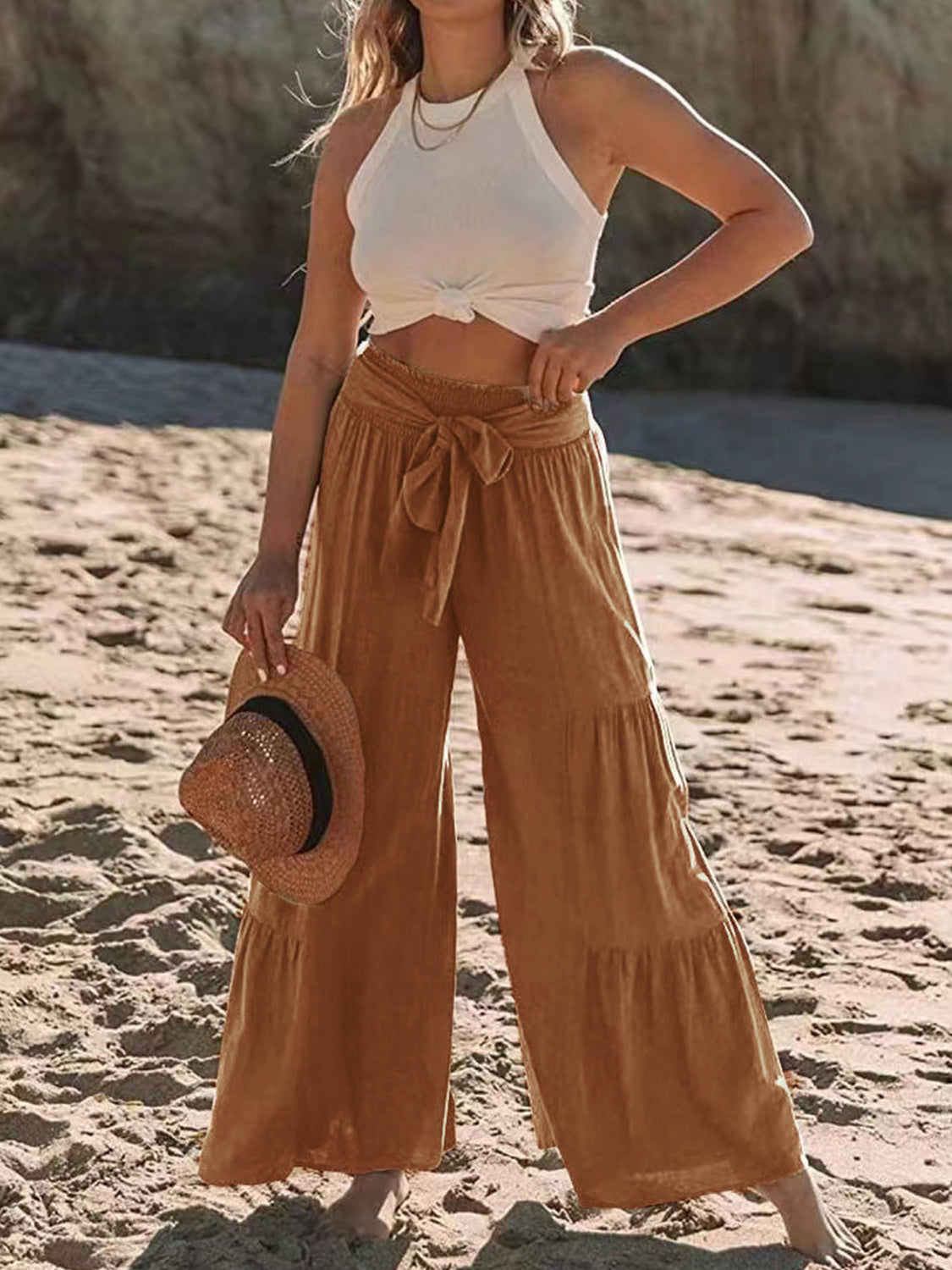 Tied Ruched Wide Leg Pants-BOTTOMS SIZES SMALL MEDIUM LARGE-[Adult]-[Female]-Caramel-S-2022 Online Blue Zone Planet