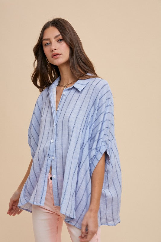 Annie Wear Striped Button Up Half Sleeve Shirt-TOPS / DRESSES-[Adult]-[Female]-2022 Online Blue Zone Planet
