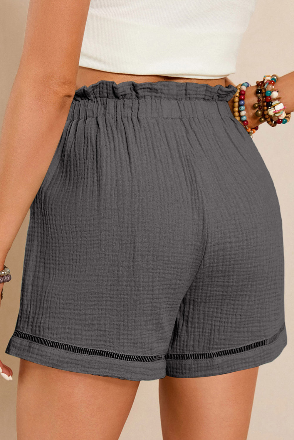 Dark Grey Cotton Gauze Paperbag Shorts-Bottoms/Casual Shorts-[Adult]-[Female]-2022 Online Blue Zone Planet