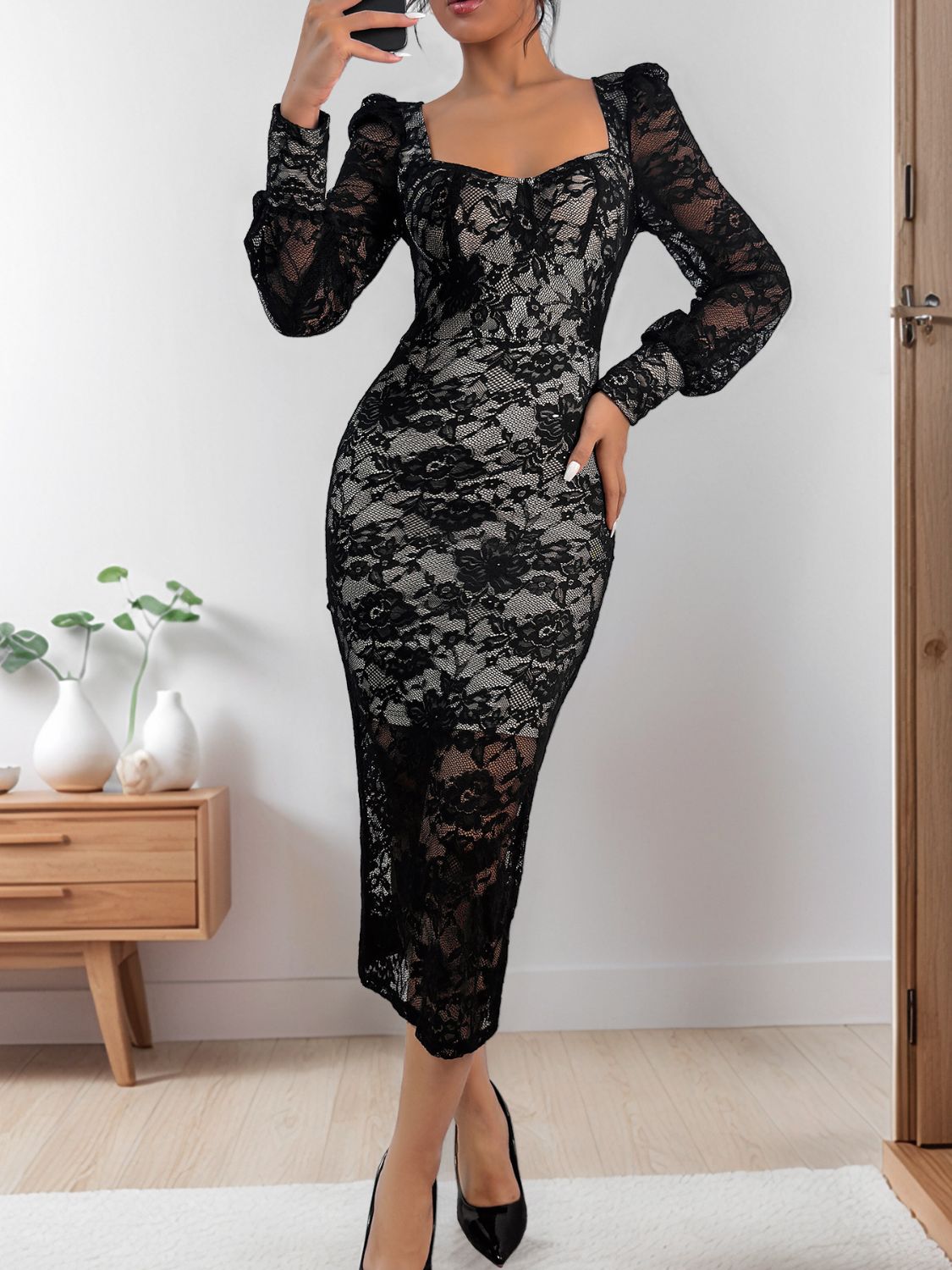 Blue Zone Planet | Perfee Lace Sweetheart Neck Long Sleeve Midi Dress-TOPS / DRESSES-[Adult]-[Female]-2022 Online Blue Zone Planet