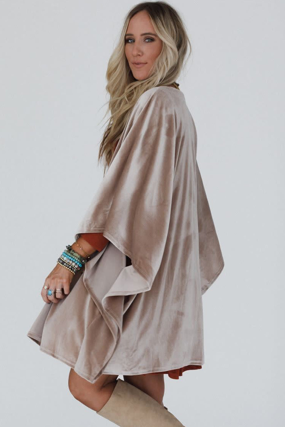 Smoke Gray 3/4 Sleeve Open Front Velvet Kimono-Outerwear/Kimonos-[Adult]-[Female]-2022 Online Blue Zone Planet