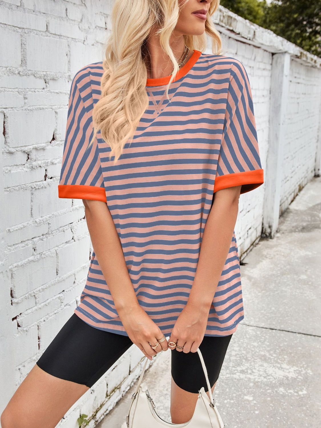 Lovelet Striped Round Neck Half Sleeve T-Shirt-TOPS / DRESSES-[Adult]-[Female]-2022 Online Blue Zone Planet