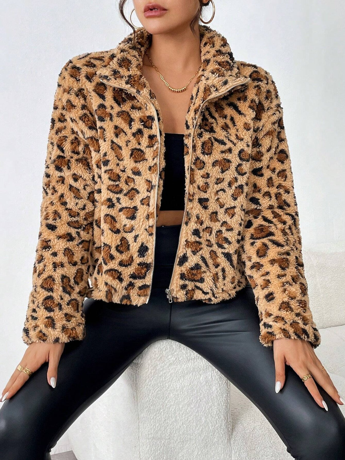 Fuzzy Turtleneck Leopard Zip Up Jacket-TOPS / DRESSES-[Adult]-[Female]-Camel-S-2022 Online Blue Zone Planet