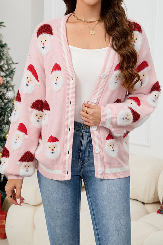 Pink Christmas Santa Claus Pattern Button V Neck Sweater Cardigan-Sweaters & Cardigans/Cardigans-[Adult]-[Female]-Pink-S-2022 Online Blue Zone Planet