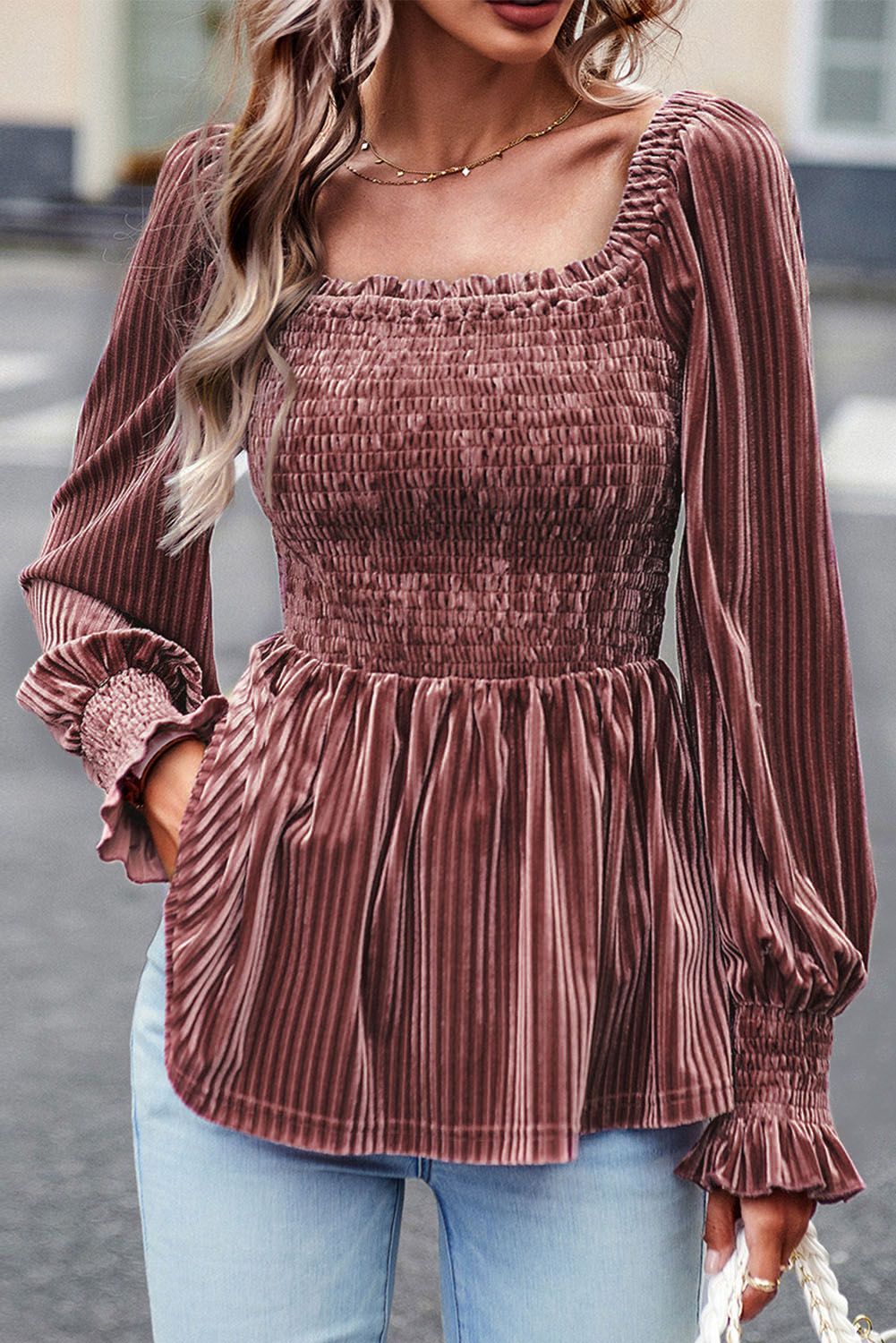 Blackish Green Smocked Ribbed Velvet Babydoll Top-Tops/Blouses & Shirts-[Adult]-[Female]-Pink-S-2022 Online Blue Zone Planet