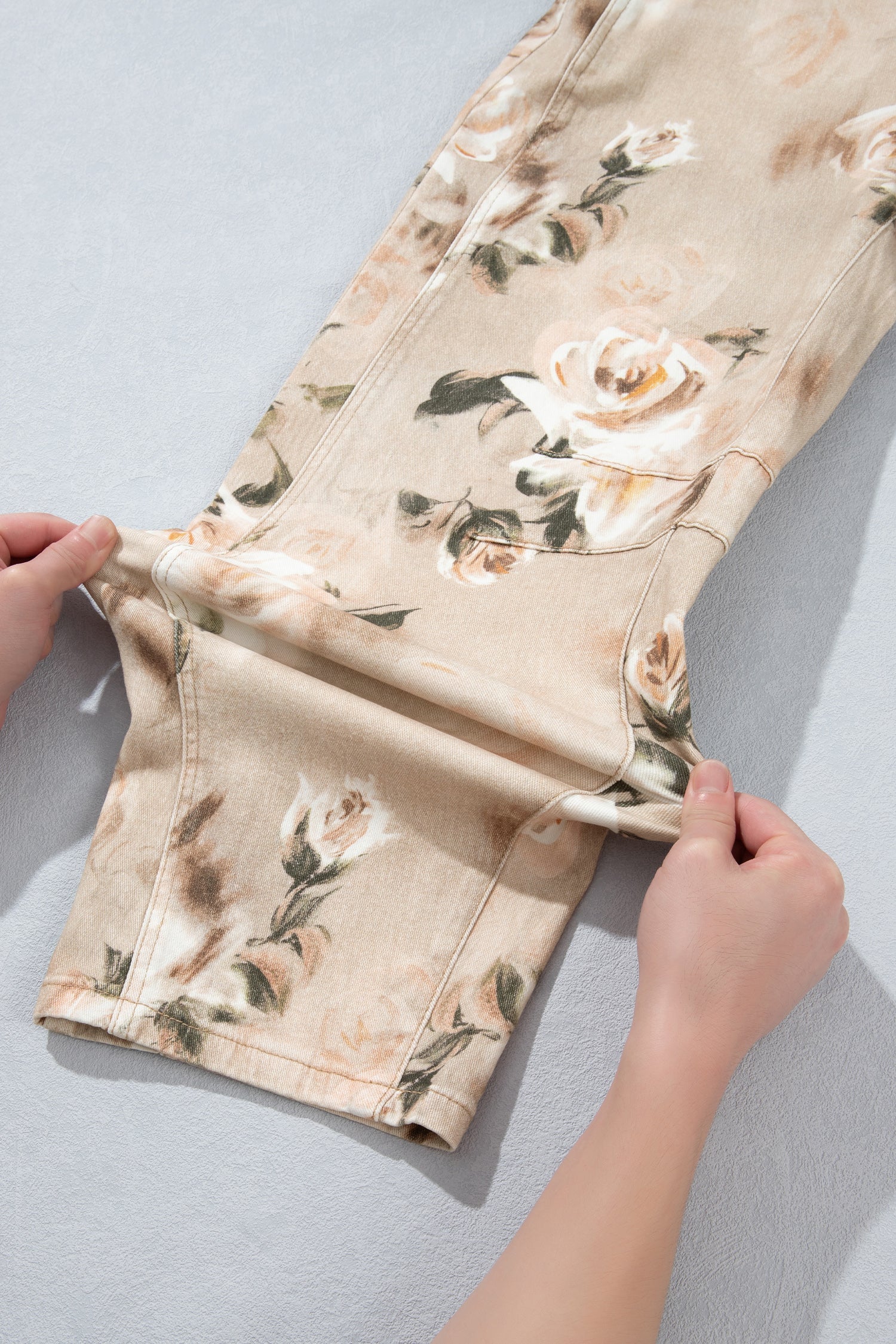 Khaki Retro Floral Print Relaxed Barrel Jeans-Bottoms/Jeans-[Adult]-[Female]-2022 Online Blue Zone Planet