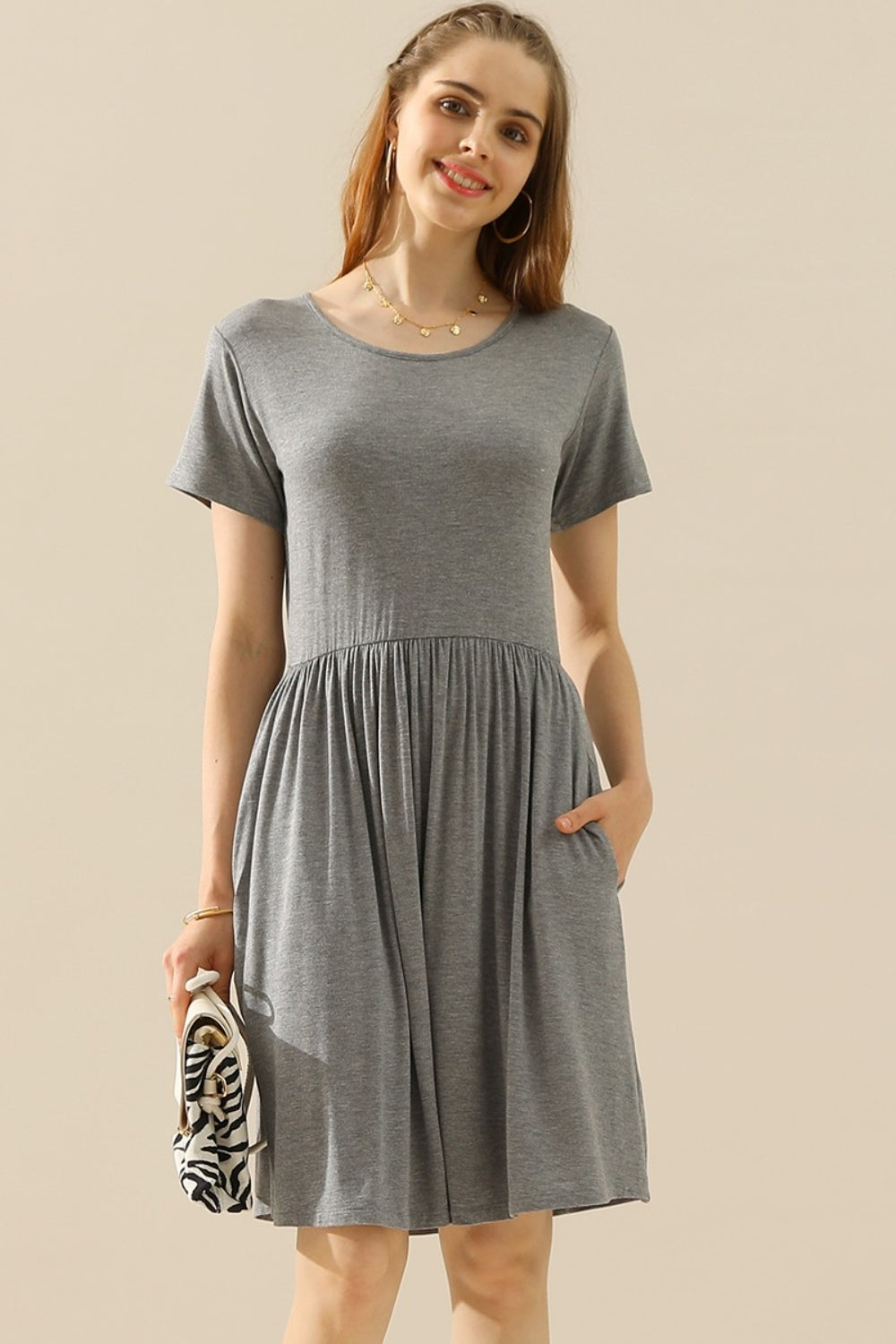 Ninexis Full Size Round Neck Ruched Dress with Pockets-TOPS / DRESSES-[Adult]-[Female]-H GREY-S-2022 Online Blue Zone Planet