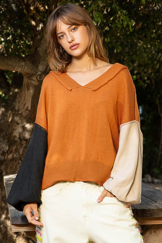 Blue Zone Planet | POL Exposed Seam Roll Edge Color Block V Neck Sweater-TOPS / DRESSES-[Adult]-[Female]-Pumpkin-S-2022 Online Blue Zone Planet