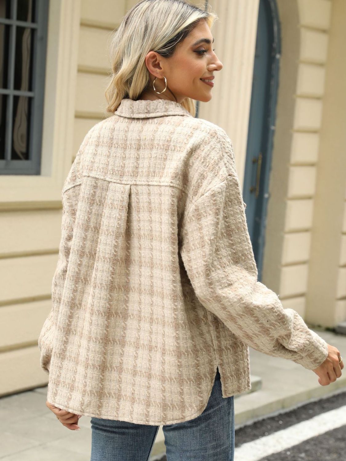 Plaid Collared Neck Long Sleeve Jacket-TOPS / DRESSES-[Adult]-[Female]-2022 Online Blue Zone Planet