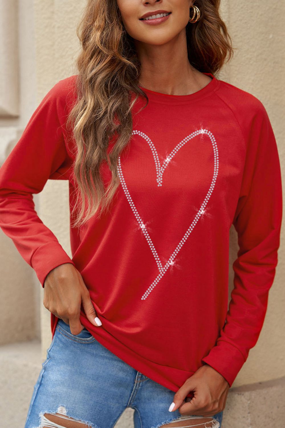 Valentine's Day Rhinestone Heart Long Sleeve Sweatshirt-TOPS / DRESSES-[Adult]-[Female]-2022 Online Blue Zone Planet