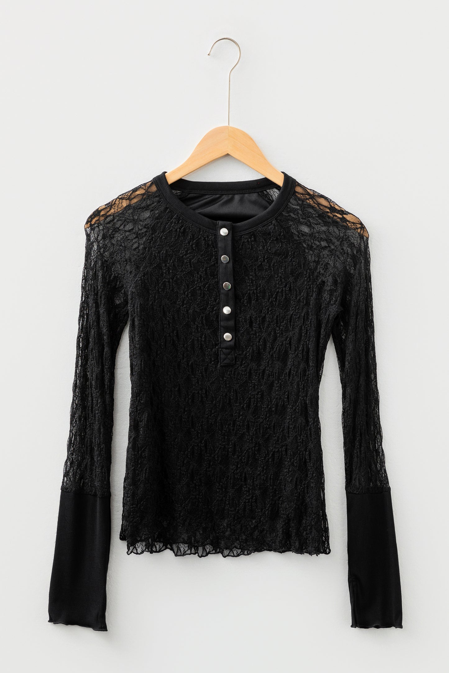 Black Sheer Lace Long Sleeve Slim Henley Top-Tops/Long Sleeve Tops-[Adult]-[Female]-2022 Online Blue Zone Planet