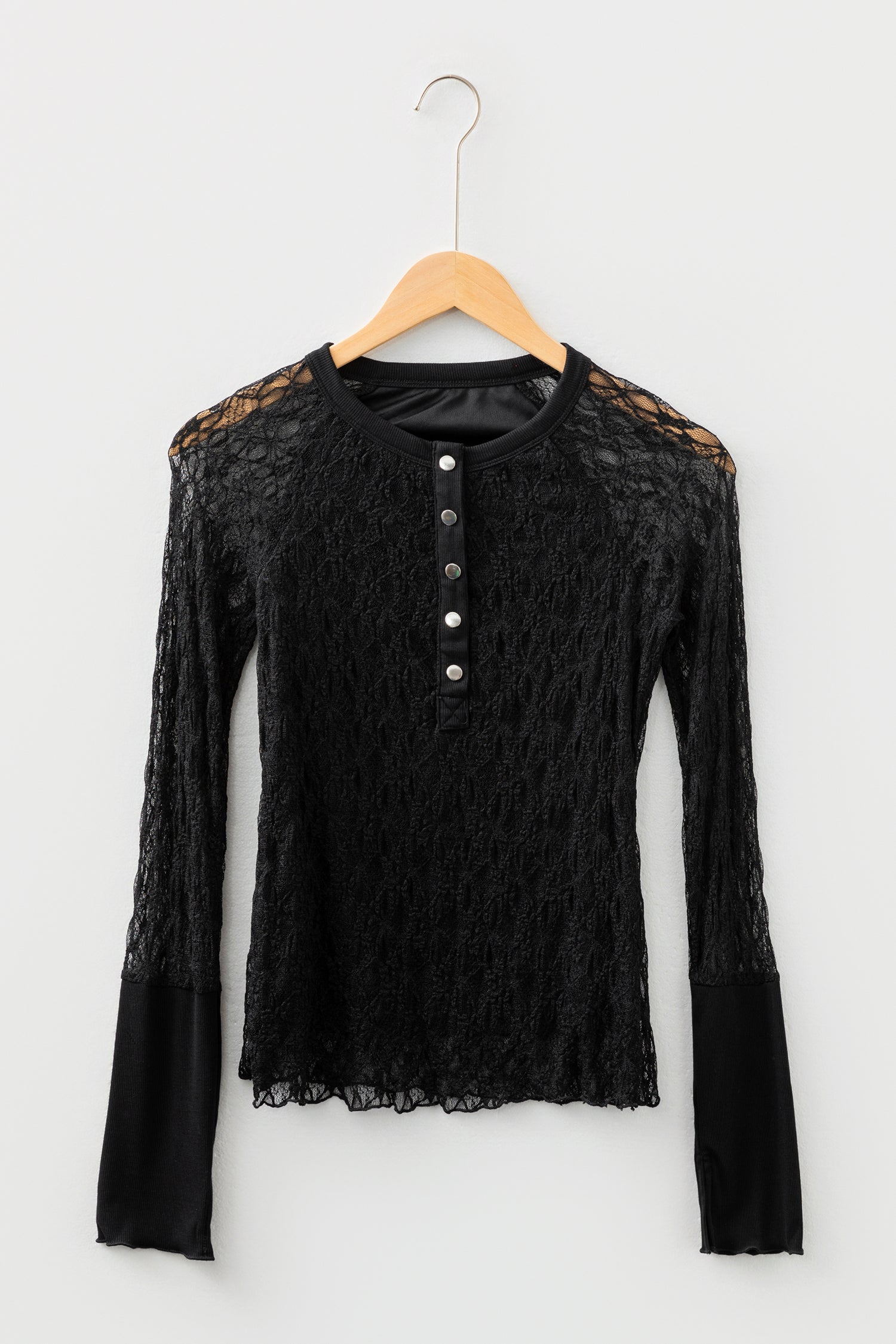 Black Sheer Lace Long Sleeve Slim Henley Top-Tops/Long Sleeve Tops-[Adult]-[Female]-2022 Online Blue Zone Planet
