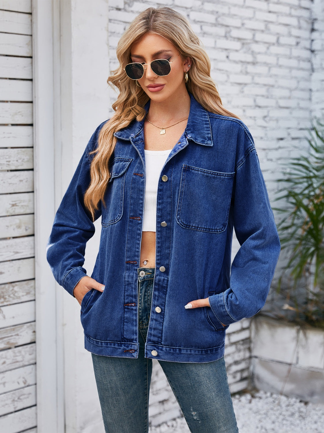 Pocketd Button Up Detachable Hooded Denim Jacket-TOPS / DRESSES-[Adult]-[Female]-Dark Blue-S-2022 Online Blue Zone Planet