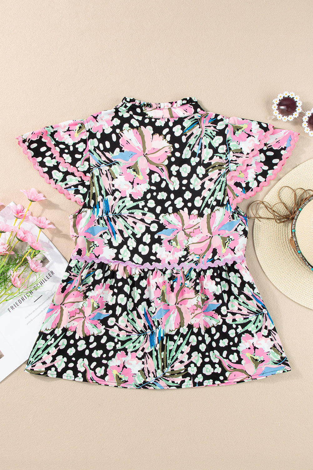 Pink Ricrac Floral Tiered Short Sleeve Blouse-Tops/Blouses & Shirts-[Adult]-[Female]-2022 Online Blue Zone Planet