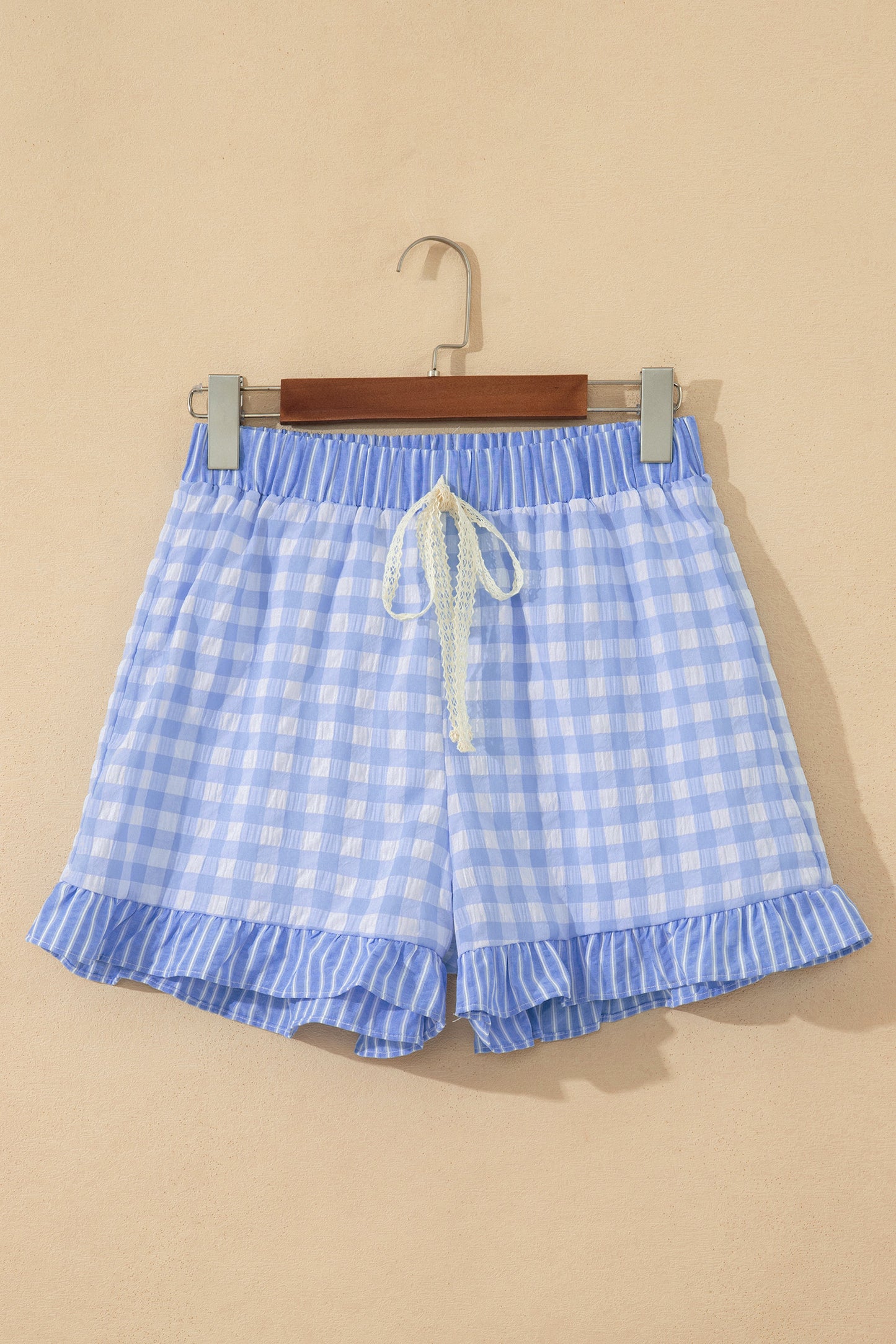 Red Gingham Print Ruffle Striped Detail Lace Tie Shorts-Bottoms/Casual Shorts-[Adult]-[Female]-2022 Online Blue Zone Planet