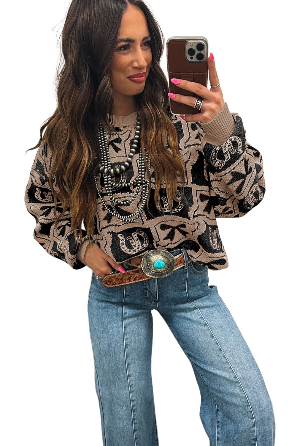 Black Bows & Horseshoes Pattern Western Fashion Print Sweater-Sweaters & Cardigans/Sweaters-[Adult]-[Female]-2022 Online Blue Zone Planet