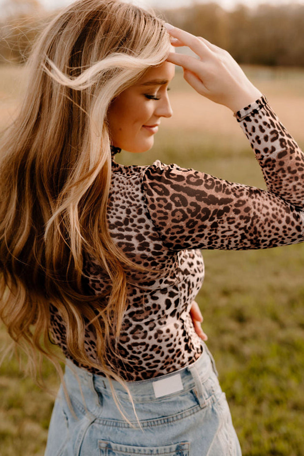 Brown Leopard Smocked Neck Mesh Long Sleeve Bodysuit-Tops/Bodysuits-[Adult]-[Female]-2022 Online Blue Zone Planet