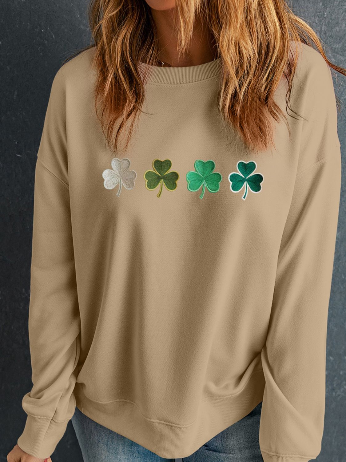 Embroidered Clover Pattern Round Neck Sweatshirt-TOPS / DRESSES-[Adult]-[Female]-2022 Online Blue Zone Planet