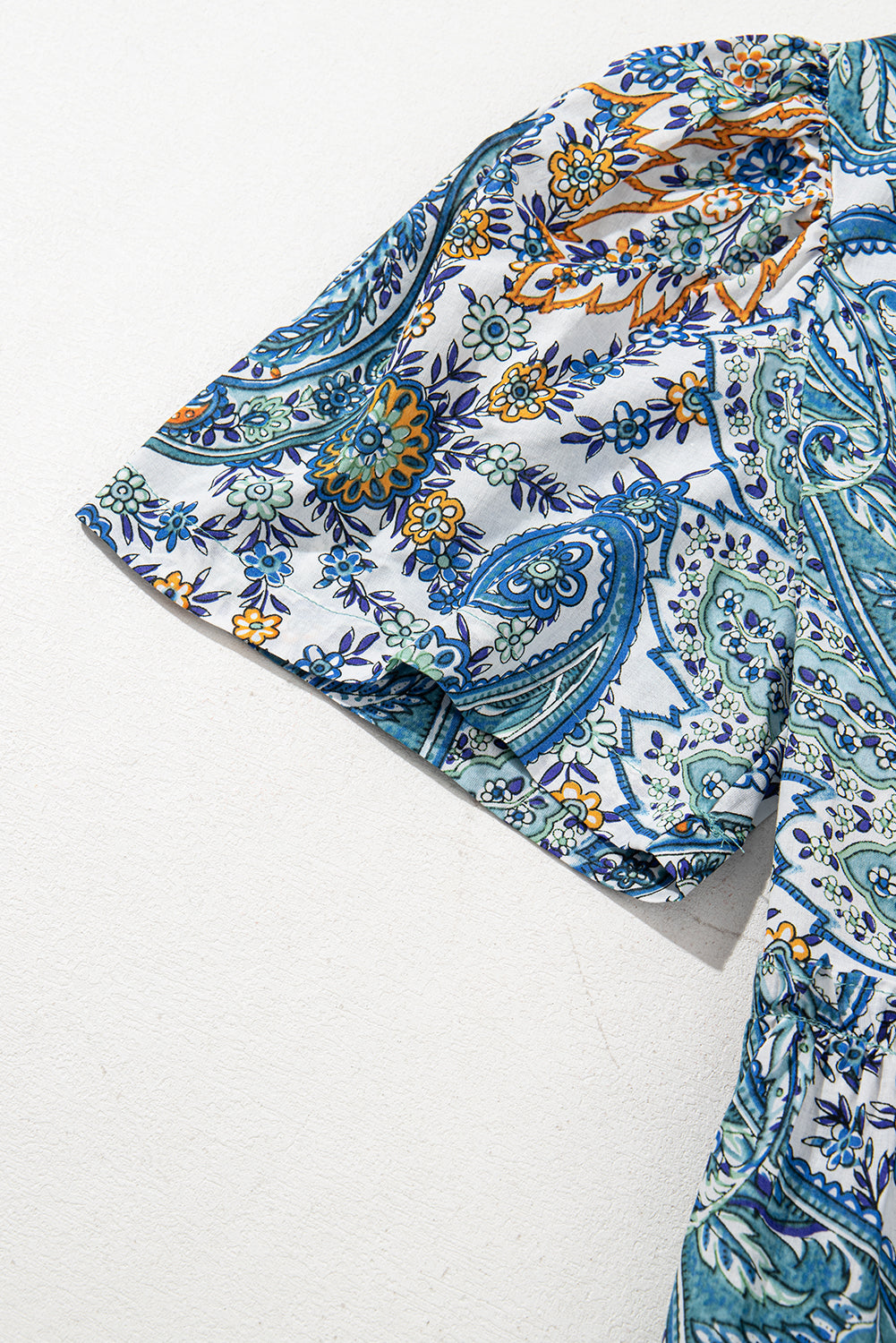 Blue Bohemian Paisley Floral V Neck Short Sleeve Mini Dress-TOPS / DRESSES-[Adult]-[Female]-2022 Online Blue Zone Planet
