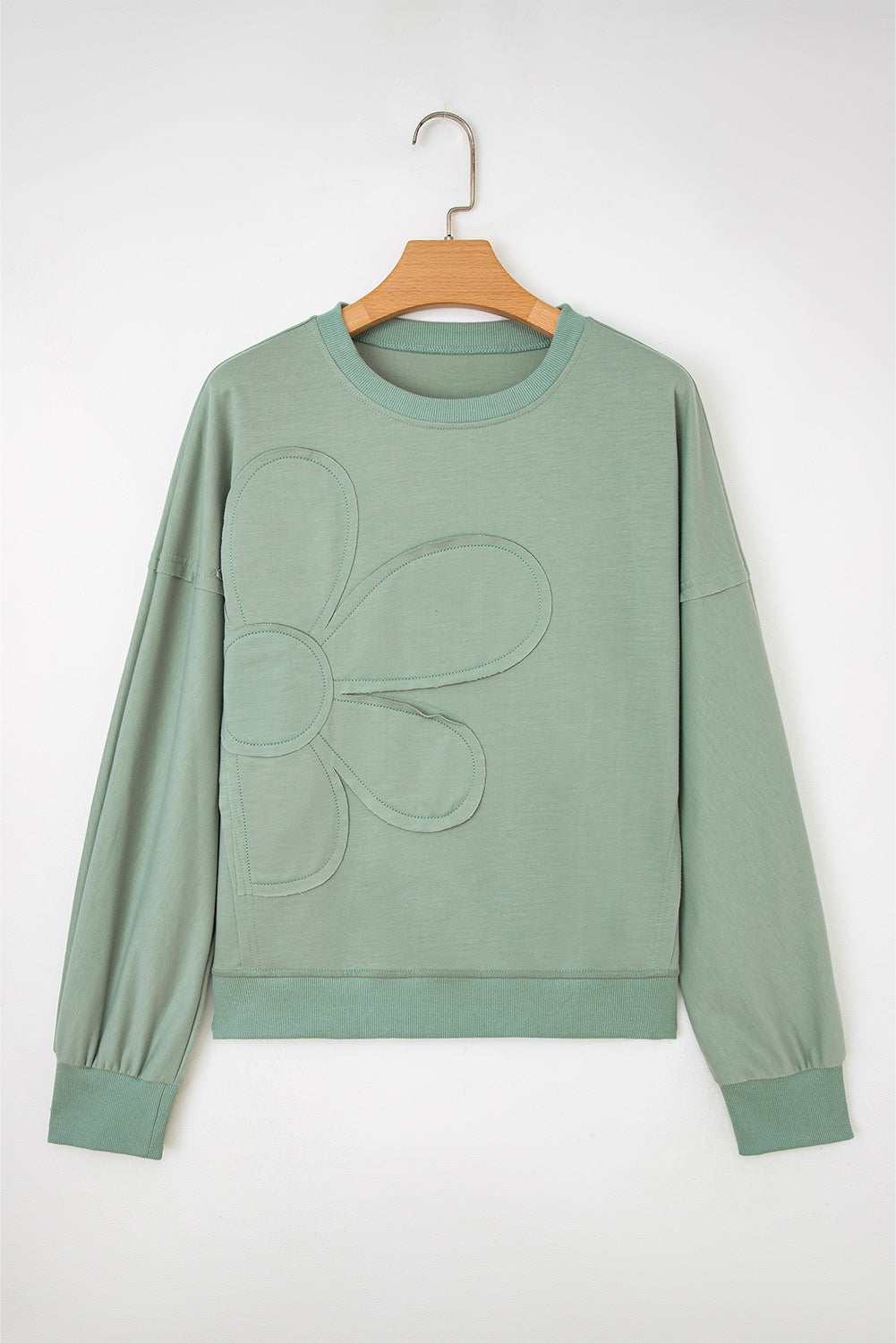 Smoke Green Raw Edge Flower Patch Drop Shoulder Casual Top-Tops/Long Sleeve Tops-[Adult]-[Female]-2022 Online Blue Zone Planet