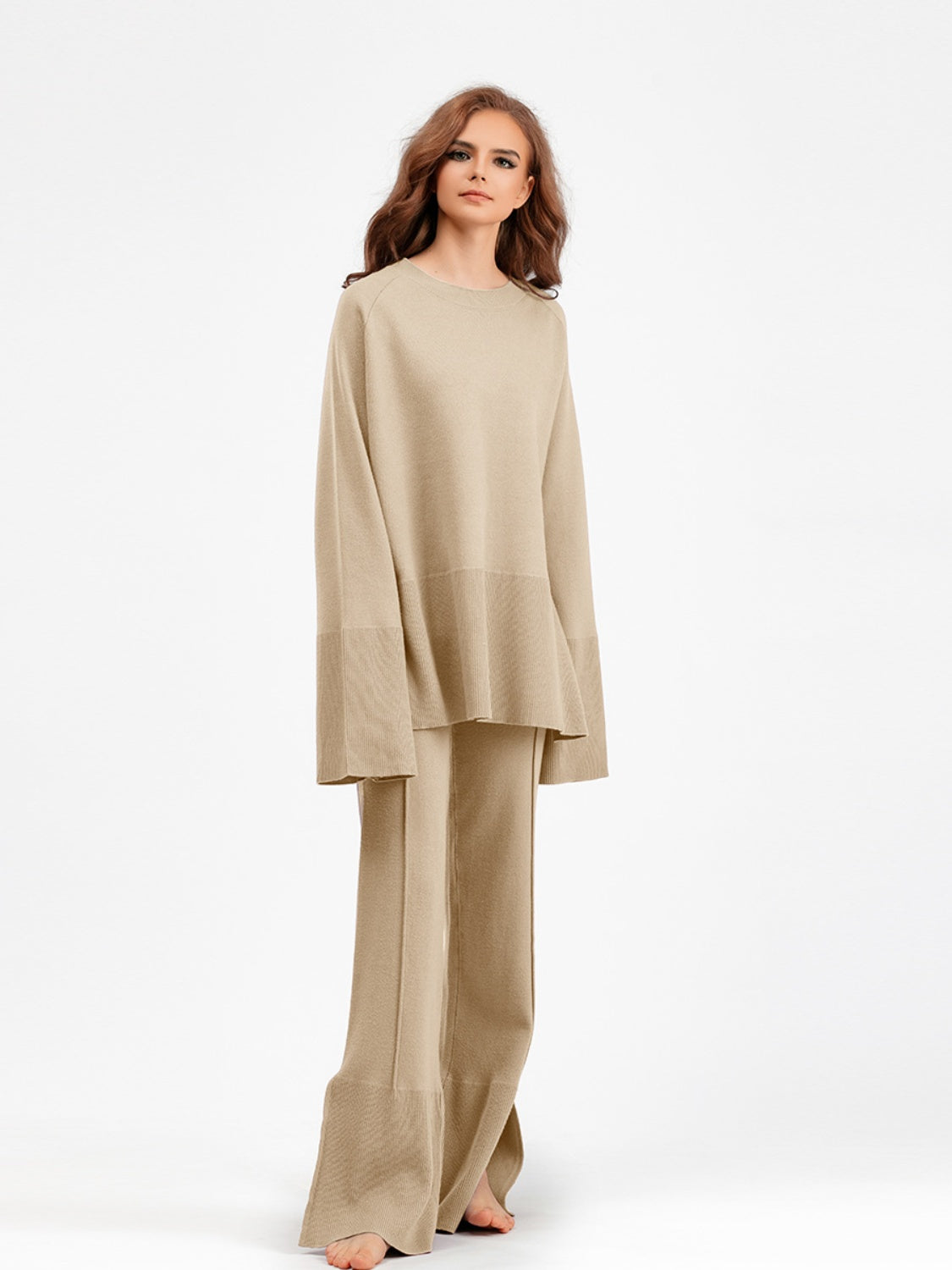 Blue Zone Planet | Basic Bae Slit Round Neck Long Sleeve Top and Drawstring Pants Sweater Set-TOPS / DRESSES-[Adult]-[Female]-2022 Online Blue Zone Planet