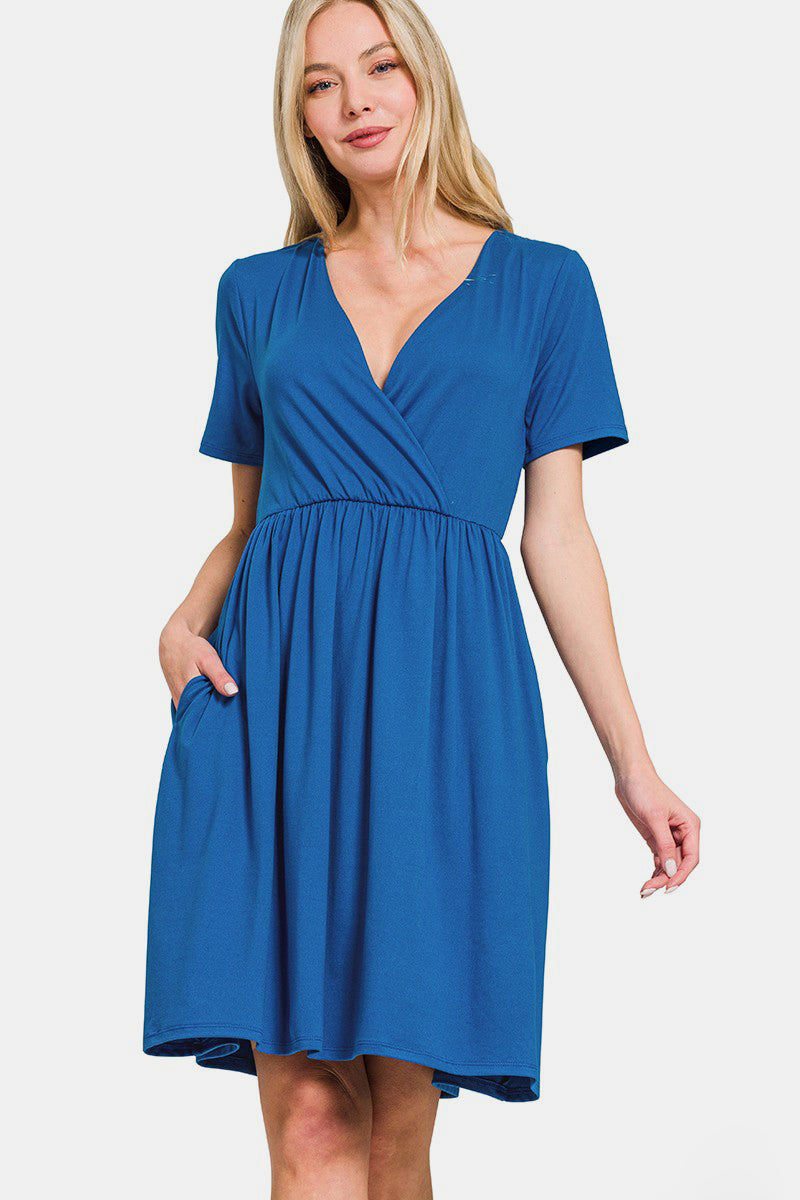 Zenana Surplice Short Sleeve Brushed DTY Dress-TOPS / DRESSES-[Adult]-[Female]-Classic Blue-S-2022 Online Blue Zone Planet