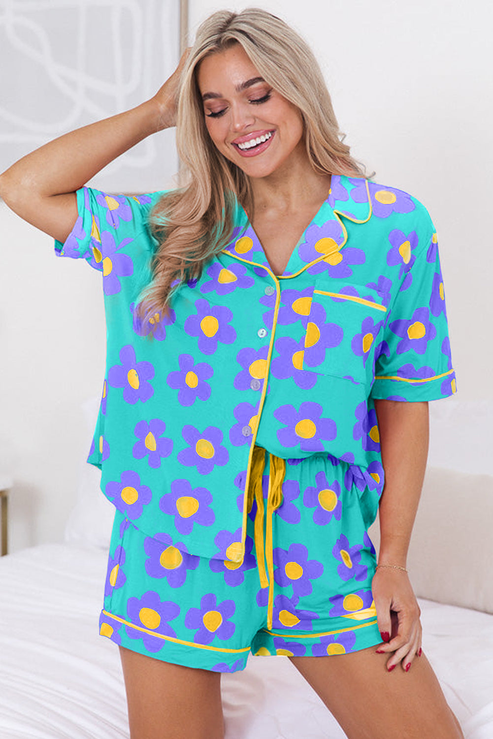 Green Flower Print Short Sleeve Shirt Pajamas Set-Loungewear & Sleepwear/Sleepwear-[Adult]-[Female]-2022 Online Blue Zone Planet