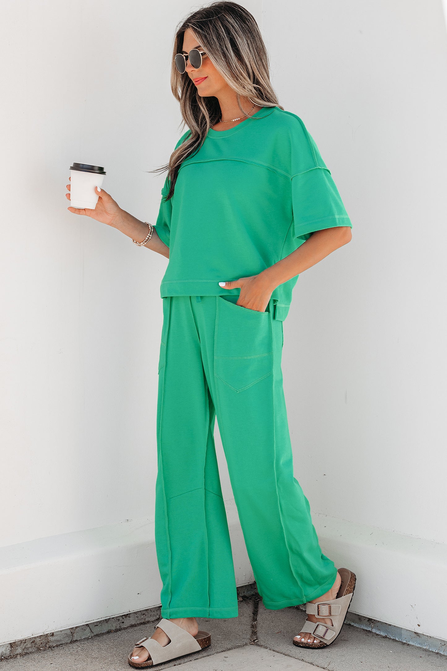 Sky Blue Drop Shoulder Boxy Tee and Barrel Pants Set-Two Piece Sets/Pant Sets-[Adult]-[Female]-2022 Online Blue Zone Planet