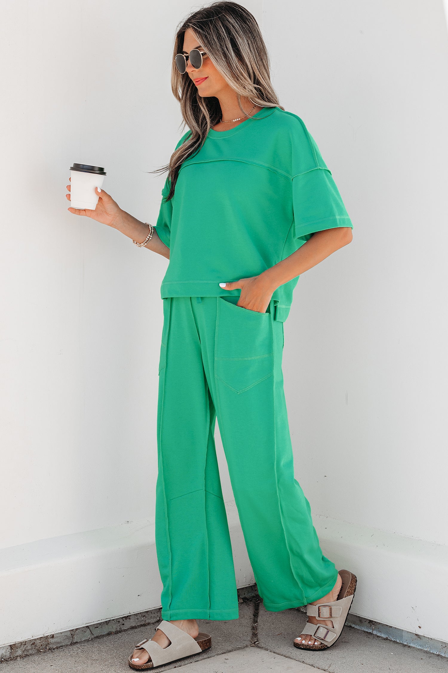Sky Blue Drop Shoulder Boxy Tee and Barrel Pants Set-Two Piece Sets/Pant Sets-[Adult]-[Female]-2022 Online Blue Zone Planet