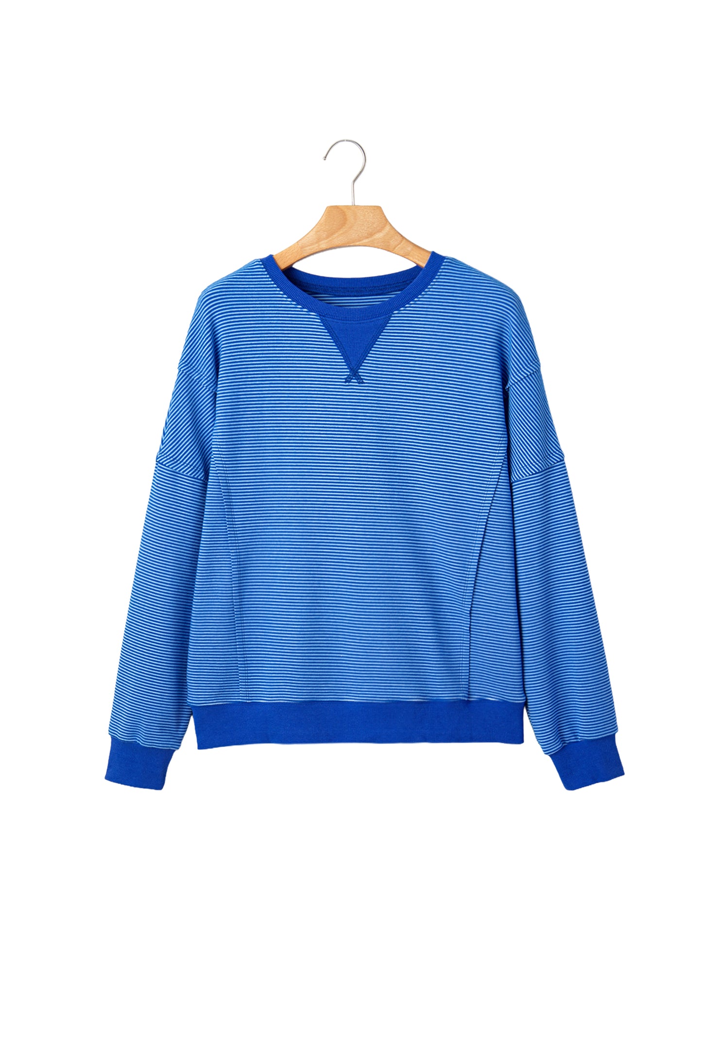 Blue Stripe Ribbed Cuffs Hem Long Sleeve Pullover Top-Tops/Long Sleeve Tops-[Adult]-[Female]-2022 Online Blue Zone Planet