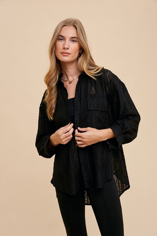 Annie Wear Openwork Button Down Drop Shoulder Shirt-TOPS / DRESSES-[Adult]-[Female]-Black-S-2022 Online Blue Zone Planet