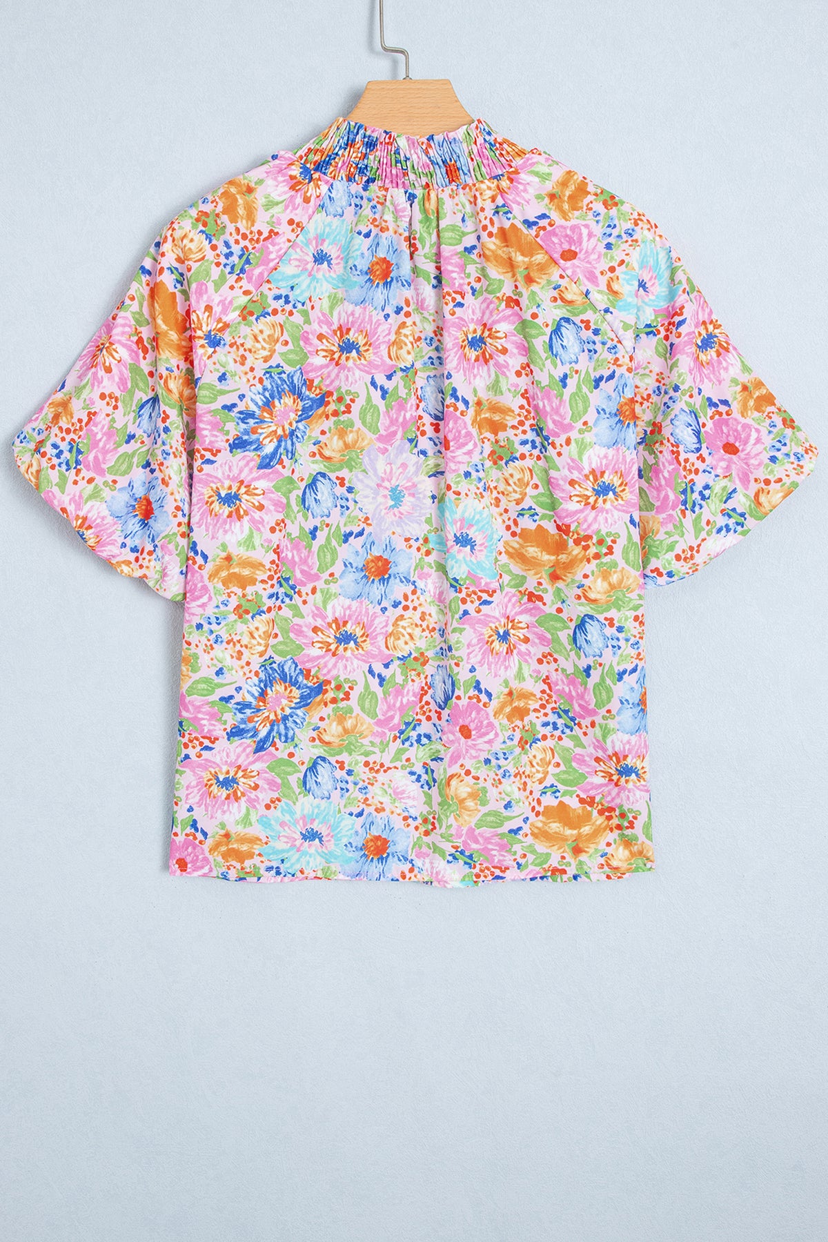 Pink Floral Print V Neck Short Sleeve Shift Blouse-Tops/Blouses & Shirts-[Adult]-[Female]-2022 Online Blue Zone Planet