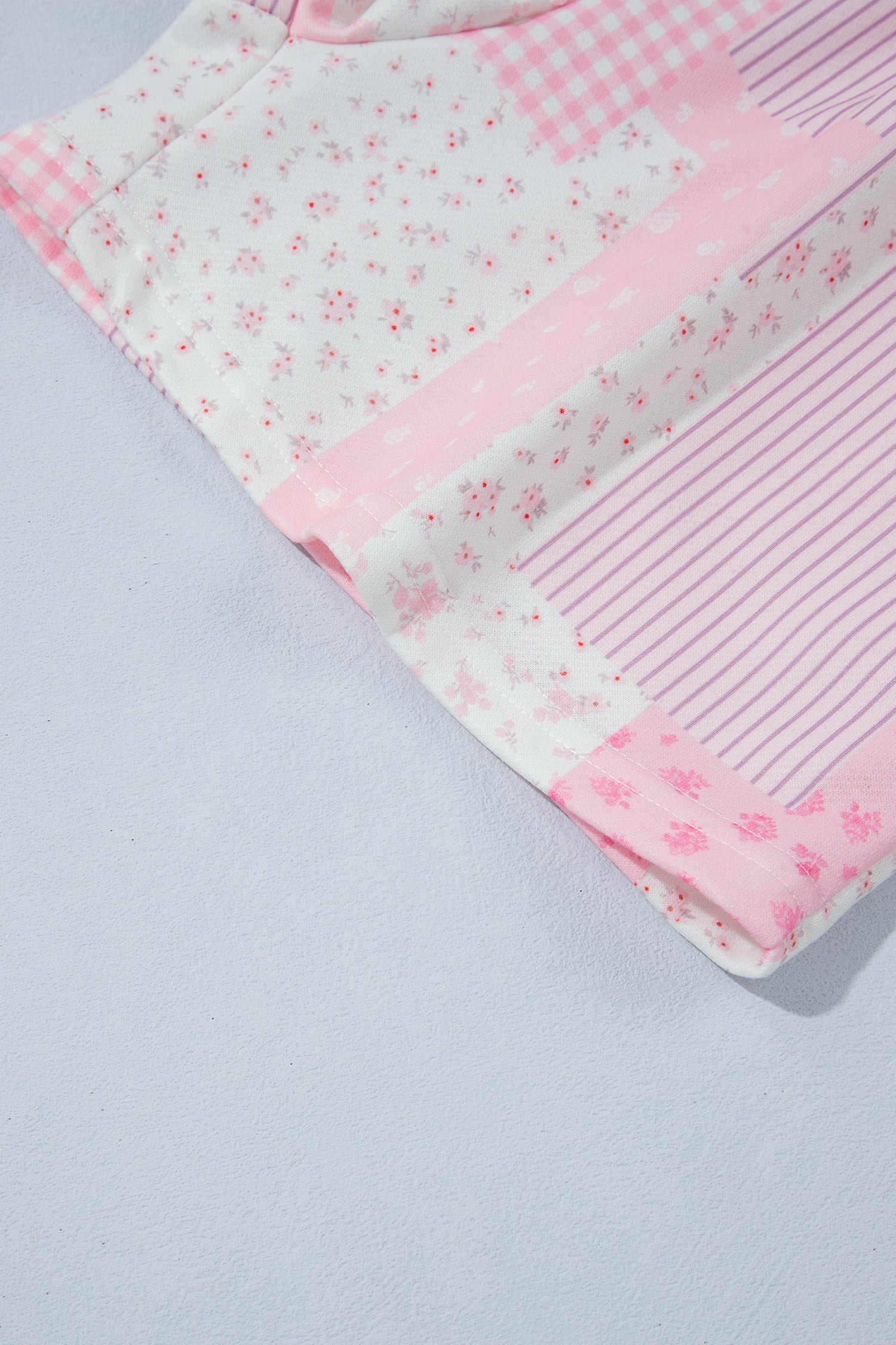 Light Pink Patchwork Floral Print Drop Shoulder Baggy Pullover Drawstring Shorts Set-Two Piece Sets/Short Sets-[Adult]-[Female]-2022 Online Blue Zone Planet