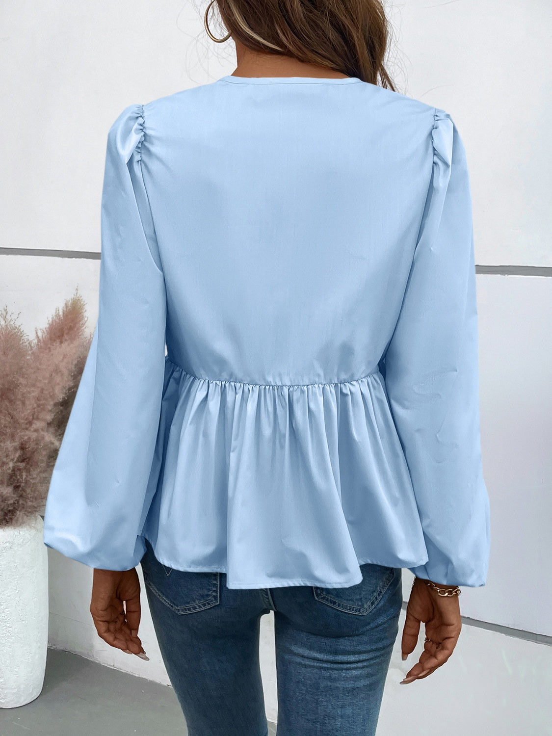 Blue Zone Planet | Ivy Lane Peplum Tied Long Sleeve Blouse-TOPS / DRESSES-[Adult]-[Female]-2022 Online Blue Zone Planet