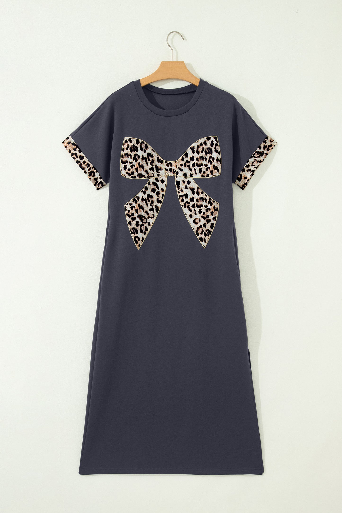 Dark Grey Contrast Leopard Bow Patched Short Sleeve T Shirt Long Dress-TOPS / DRESSES-[Adult]-[Female]-2022 Online Blue Zone Planet