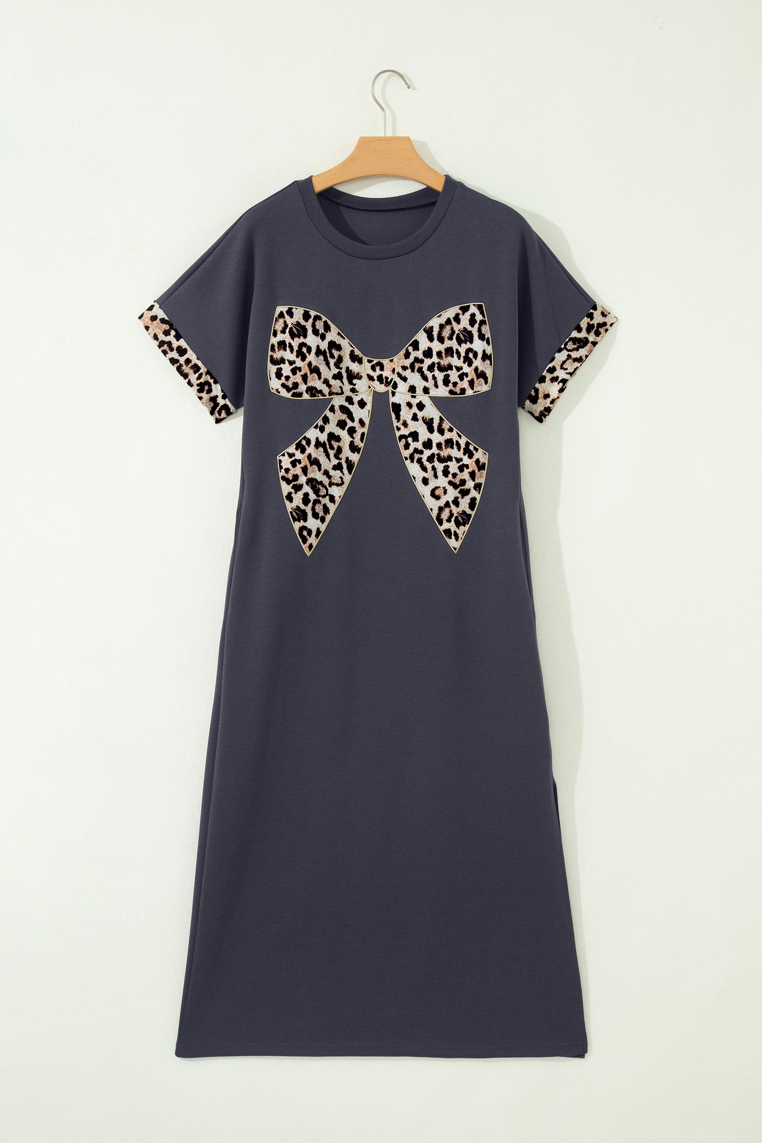 Dark Grey Contrast Leopard Bow Patched Short Sleeve T Shirt Long Dress-TOPS / DRESSES-[Adult]-[Female]-2022 Online Blue Zone Planet