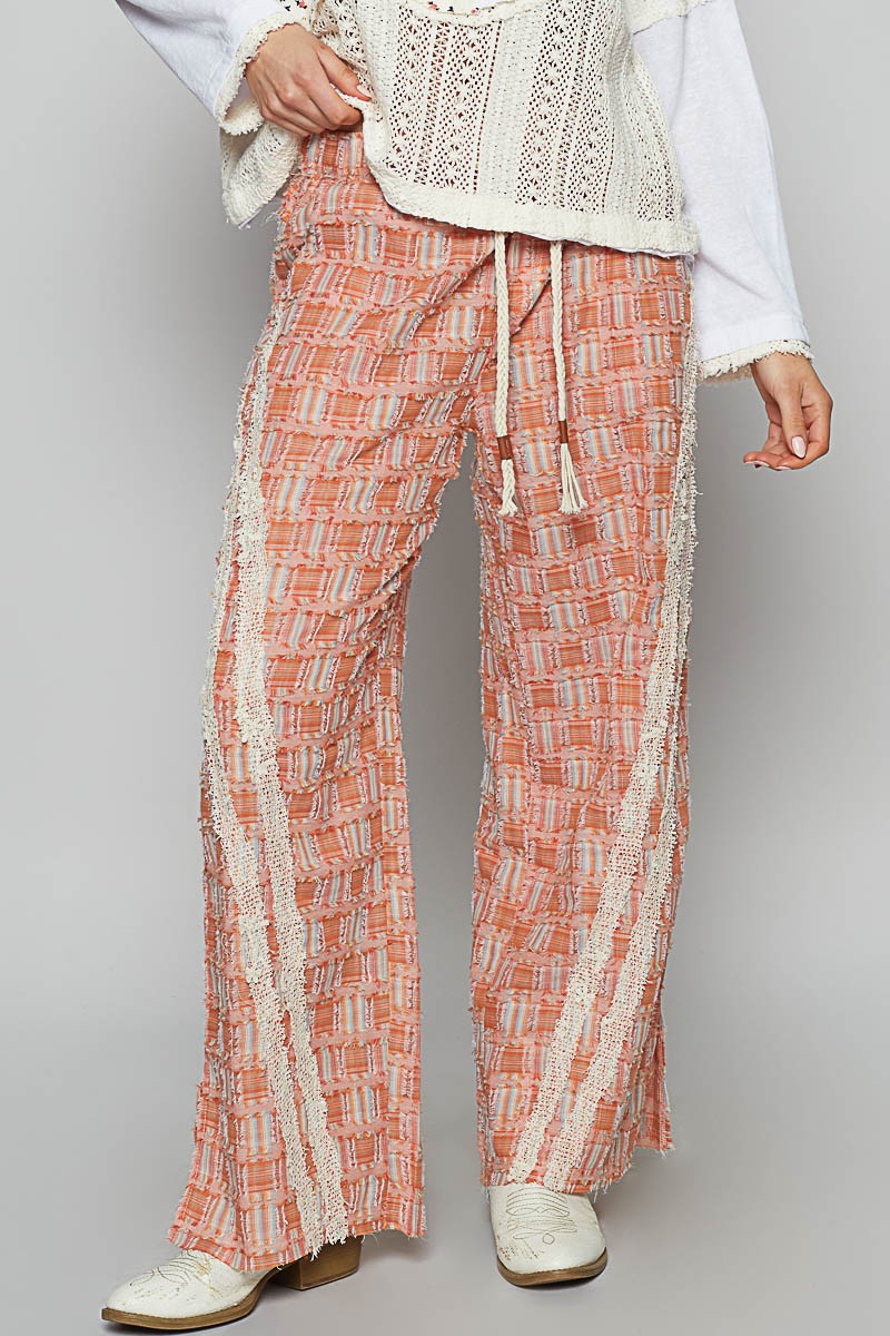 POL Lace Trim Drawstring Checkered Wide Leg Pants-BOTTOMS-[Adult]-[Female]-Orange-S-2022 Online Blue Zone Planet