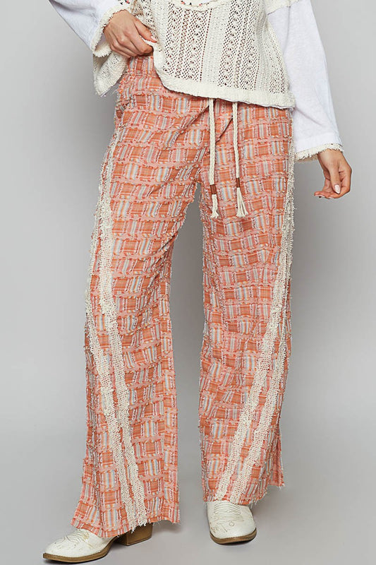 POL Lace Trim Drawstring Checkered Wide Leg Pants-BOTTOMS-[Adult]-[Female]-Orange-S-2022 Online Blue Zone Planet