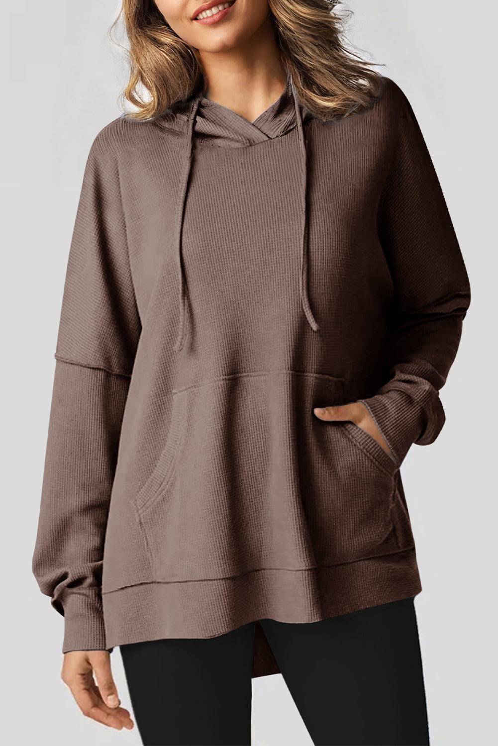 Gray Waffle Knit Fleece Lined High Low Oversized Hoodie-Tops/Sweatshirts & Hoodies-[Adult]-[Female]-Coffee-S-2022 Online Blue Zone Planet