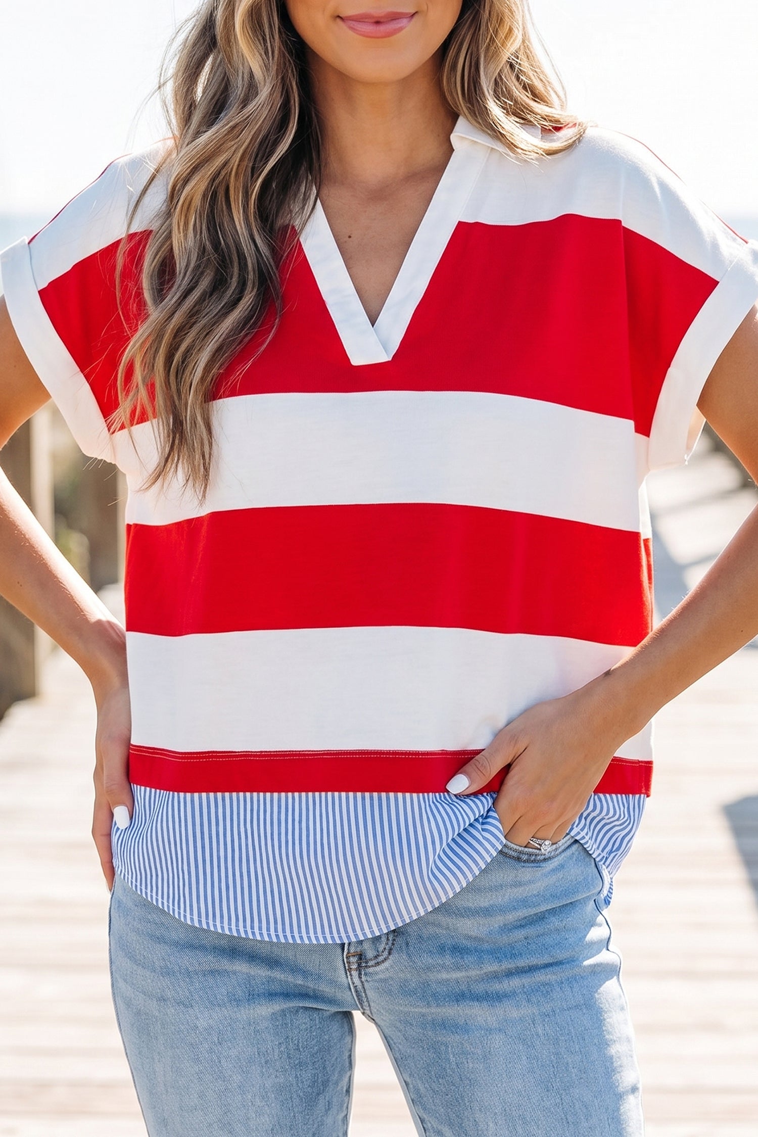 Red Stripe Collar V Neck Cuffed Dolman Short Sleeve Top-Tops/Blouses & Shirts-[Adult]-[Female]-2022 Online Blue Zone Planet