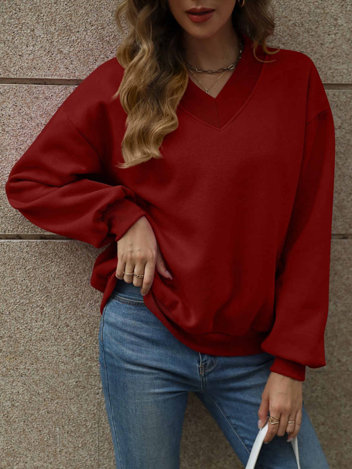 V-Neck Long Sleeve Dropped Shoulder Sweatshirt-TOPS / DRESSES-[Adult]-[Female]-Burgundy-S-2022 Online Blue Zone Planet