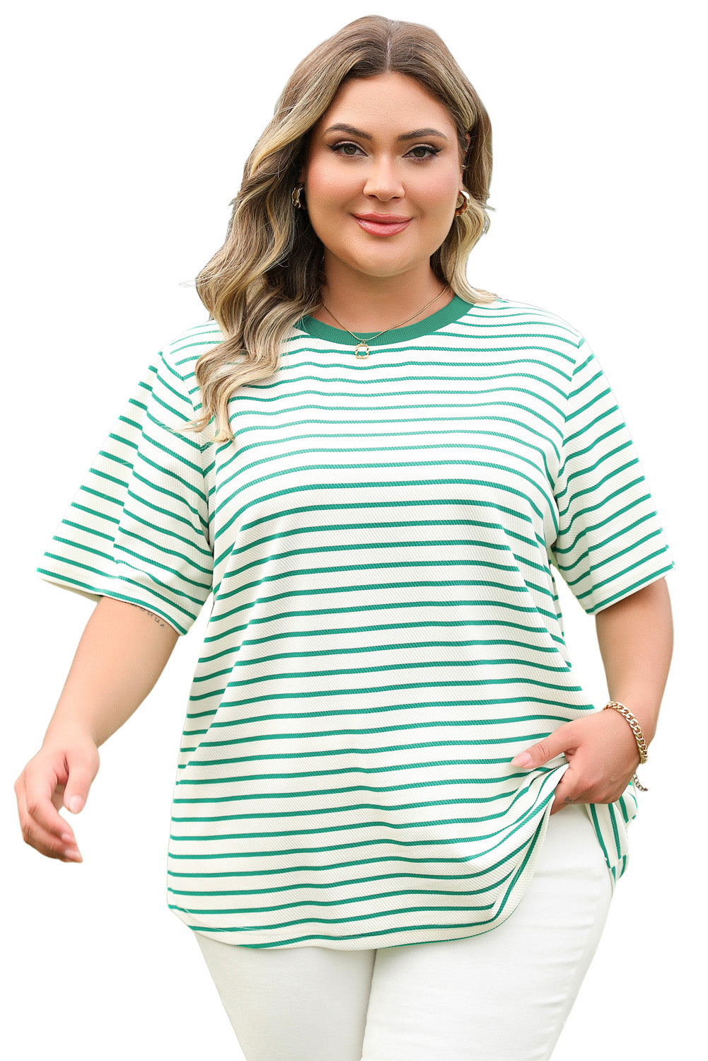 Green Stripe Plus Size St Patricks Day Round Neck T Shirt-Plus Size/Plus Size Tops/Plus Size Tops & Tees-[Adult]-[Female]-2022 Online Blue Zone Planet